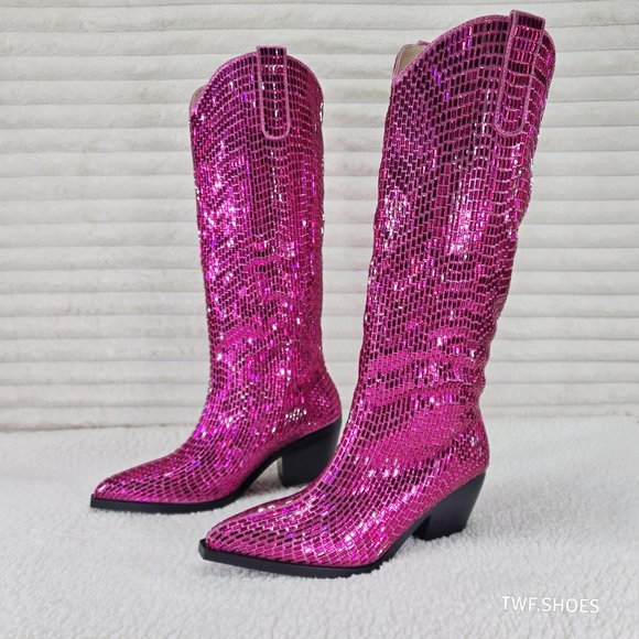 Mirage Fuchsia Pink Rhinestone Pull On Western Cowgirl Knee Boots - Picture 10 of 17